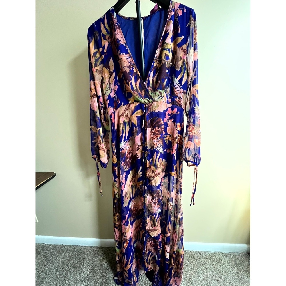 Hot Miami Styles Maxi Dress Womens Medium‎ Blue Floral Sheer V-Neck Long Sleeve